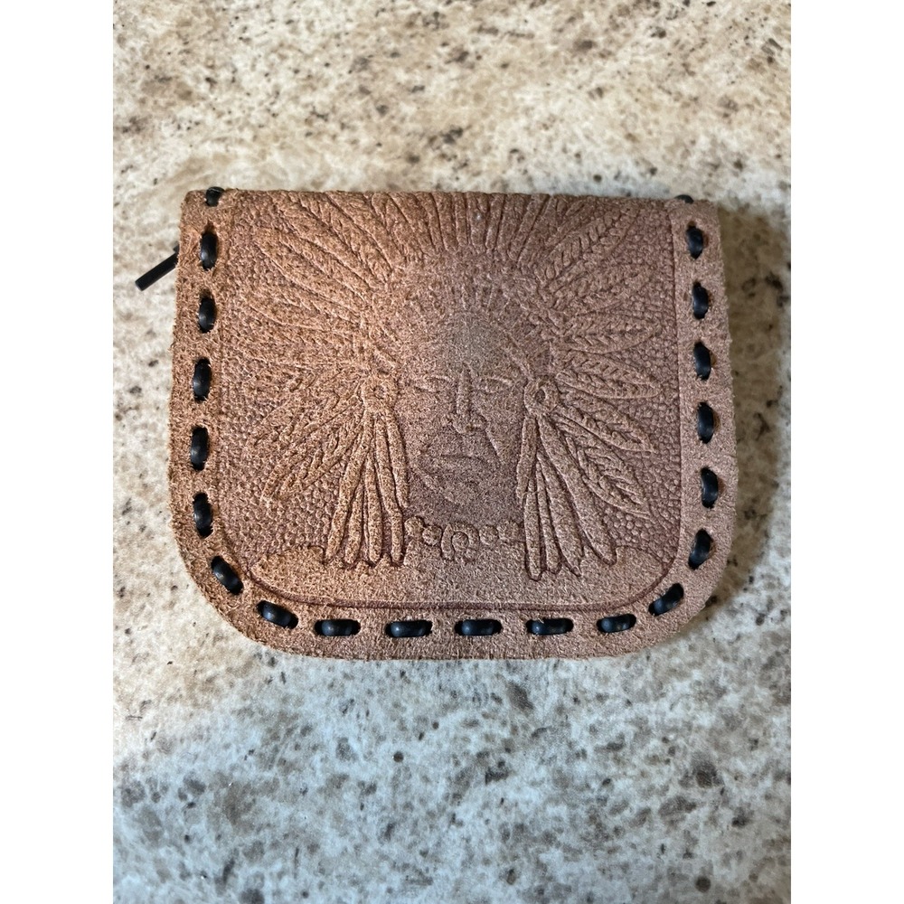 Vintage Brown Leather Embossed Coin Purse Native American